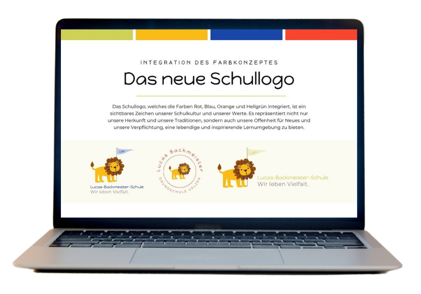 Vorstellung des neuen Schullogos der LUBA Uelzen auf Laptop – visuelles Ergebnis des Schulmarketing & Branding Prozesses.